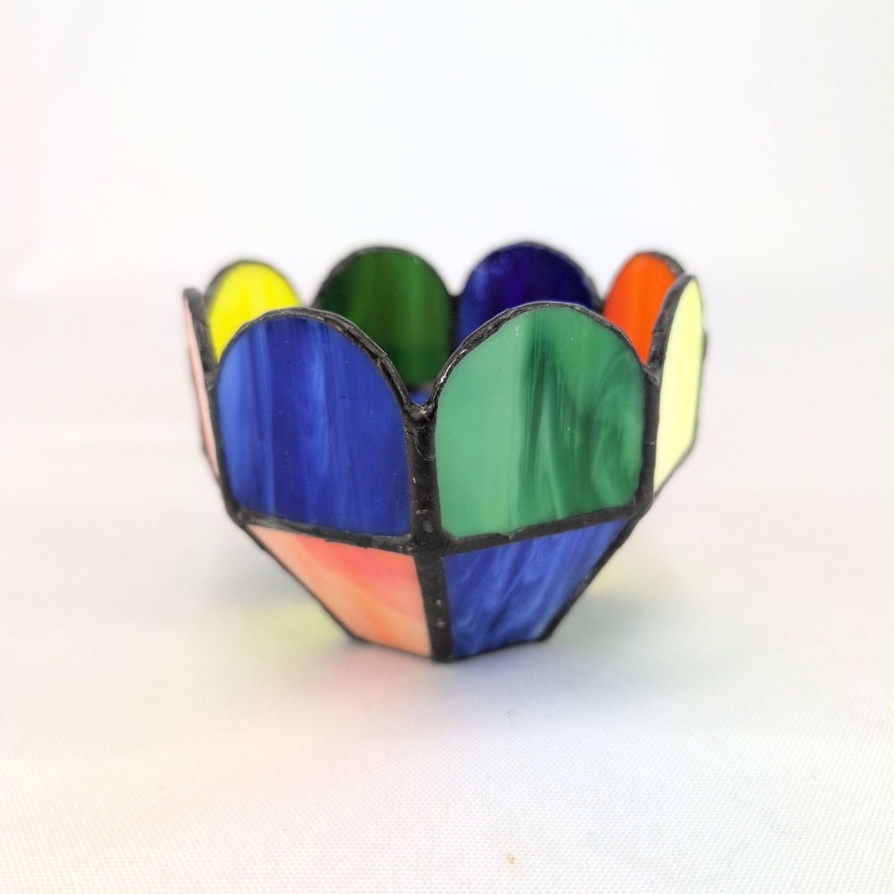 Vintage Candle Holder Multicolor Leaded Stained Glass Scalloped Tulip Votive